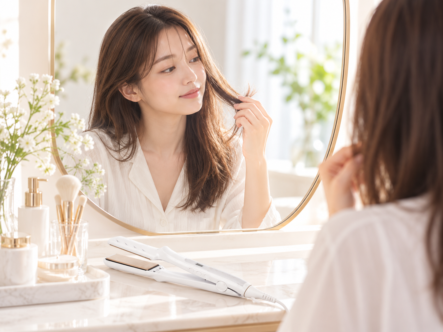朝の鏡の前で毛先を確認する女性